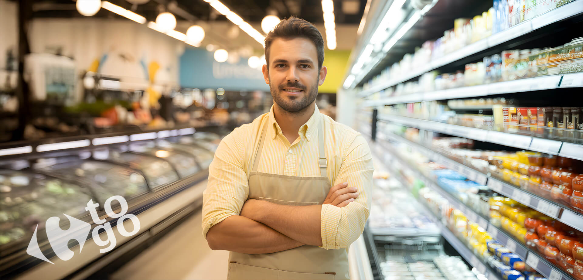 This image shows a grocery store worker standing in an aisle with the "Carrefour to go" logo visible. 