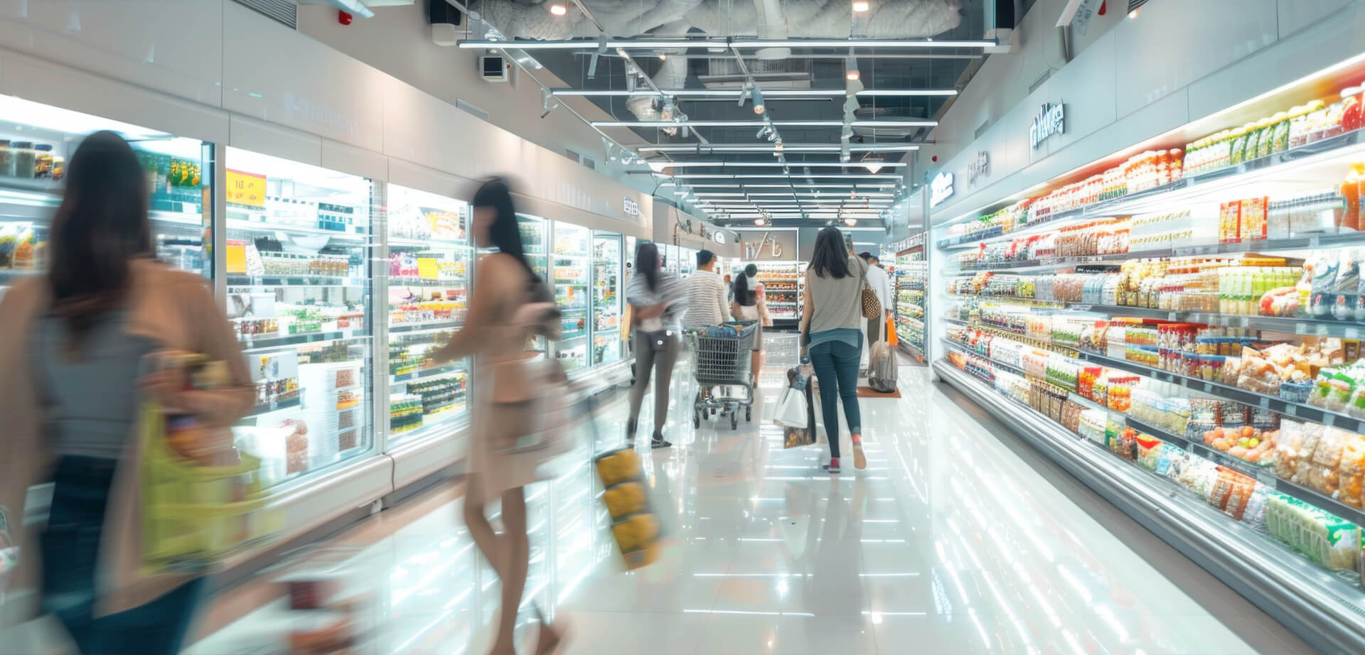 This image shows the interior of a brightly lit supermarket or grocery store with several people shopping. 