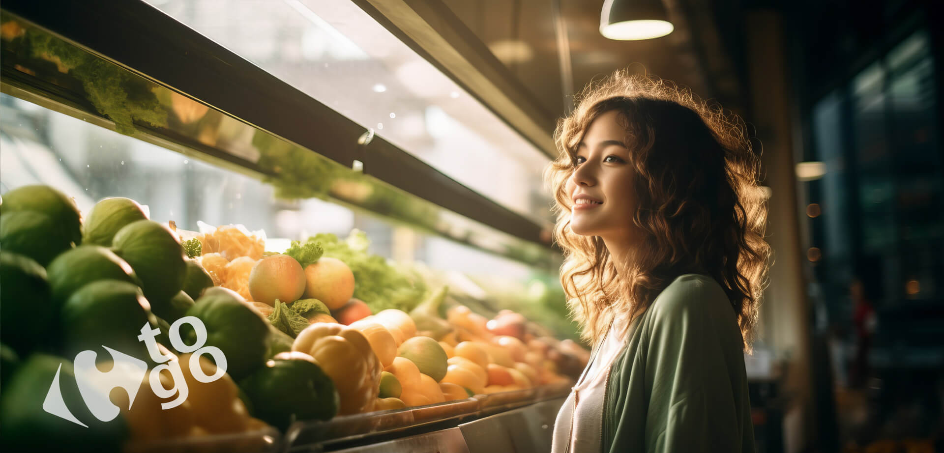 This image shows a woman shopping for fresh produce in a supermarket with "Carrefour to go" logo.