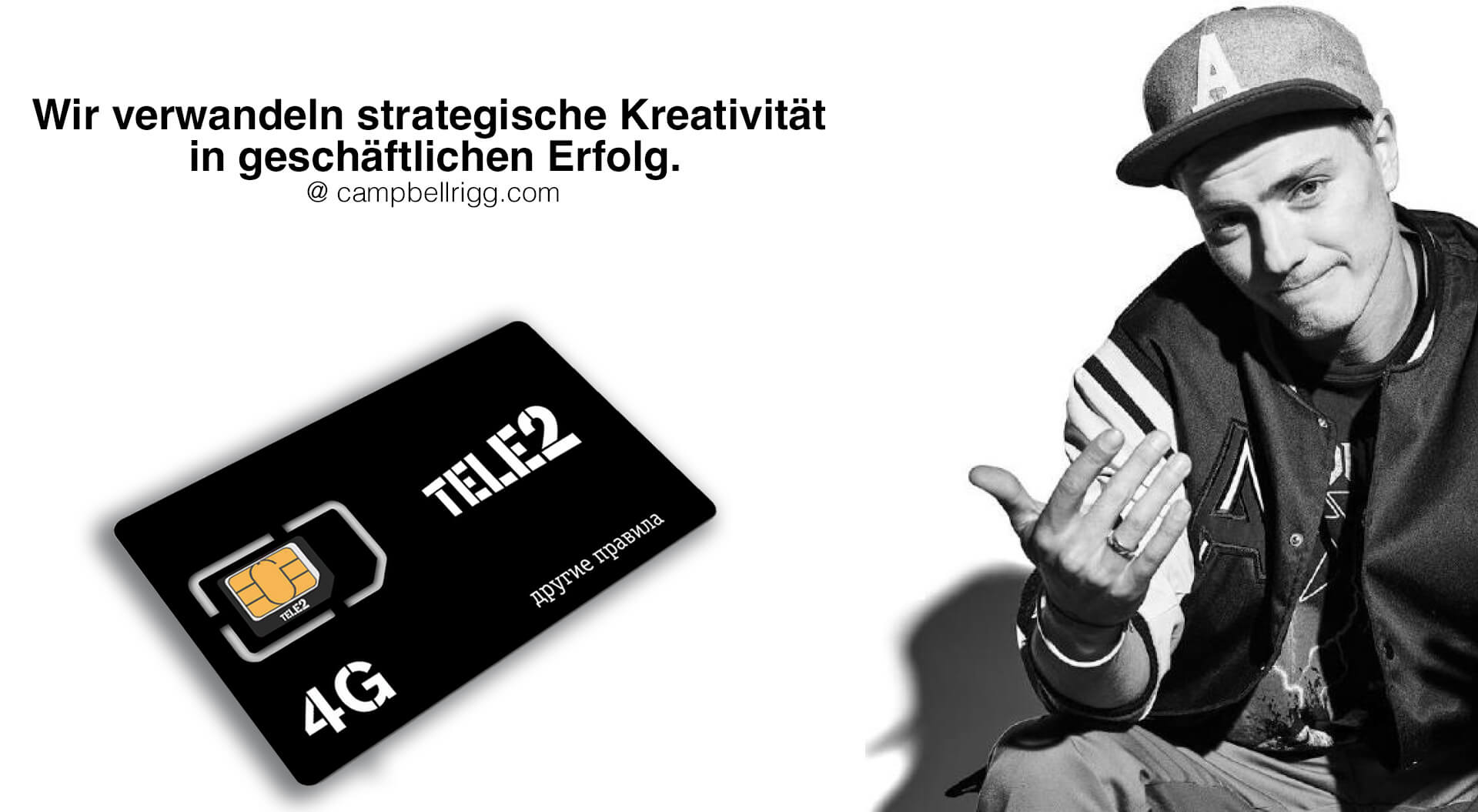 Das Bild ist eine Anzeige für das russische Telekommunikationsunternehmen Tele2, in der die 4G-SIM-Karten und eine Markenbotschaft von Campbell Rigg hervorgehoben werden.