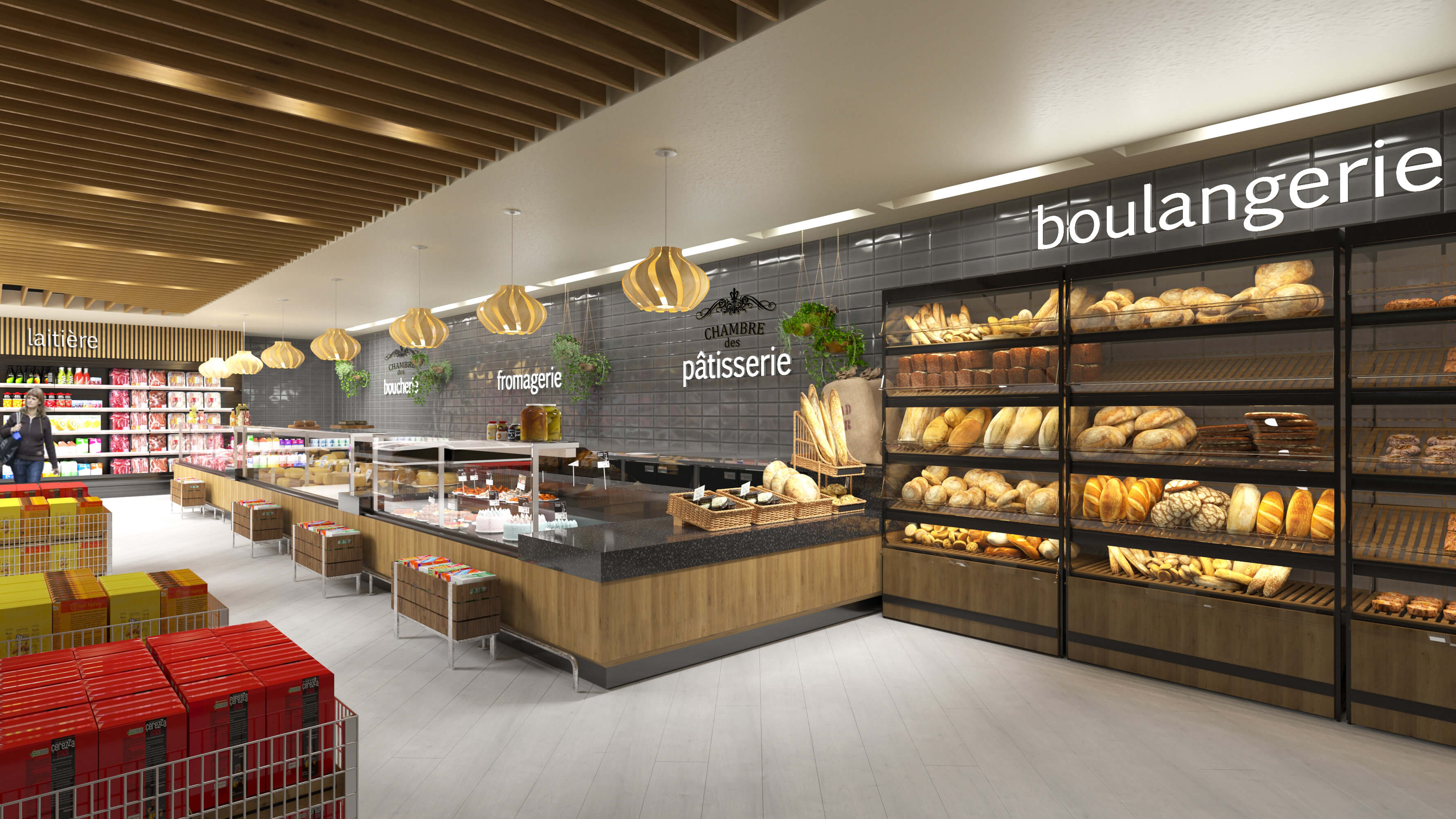 Maison Galaxy Supermarket fresh meat, cheese and bread counters