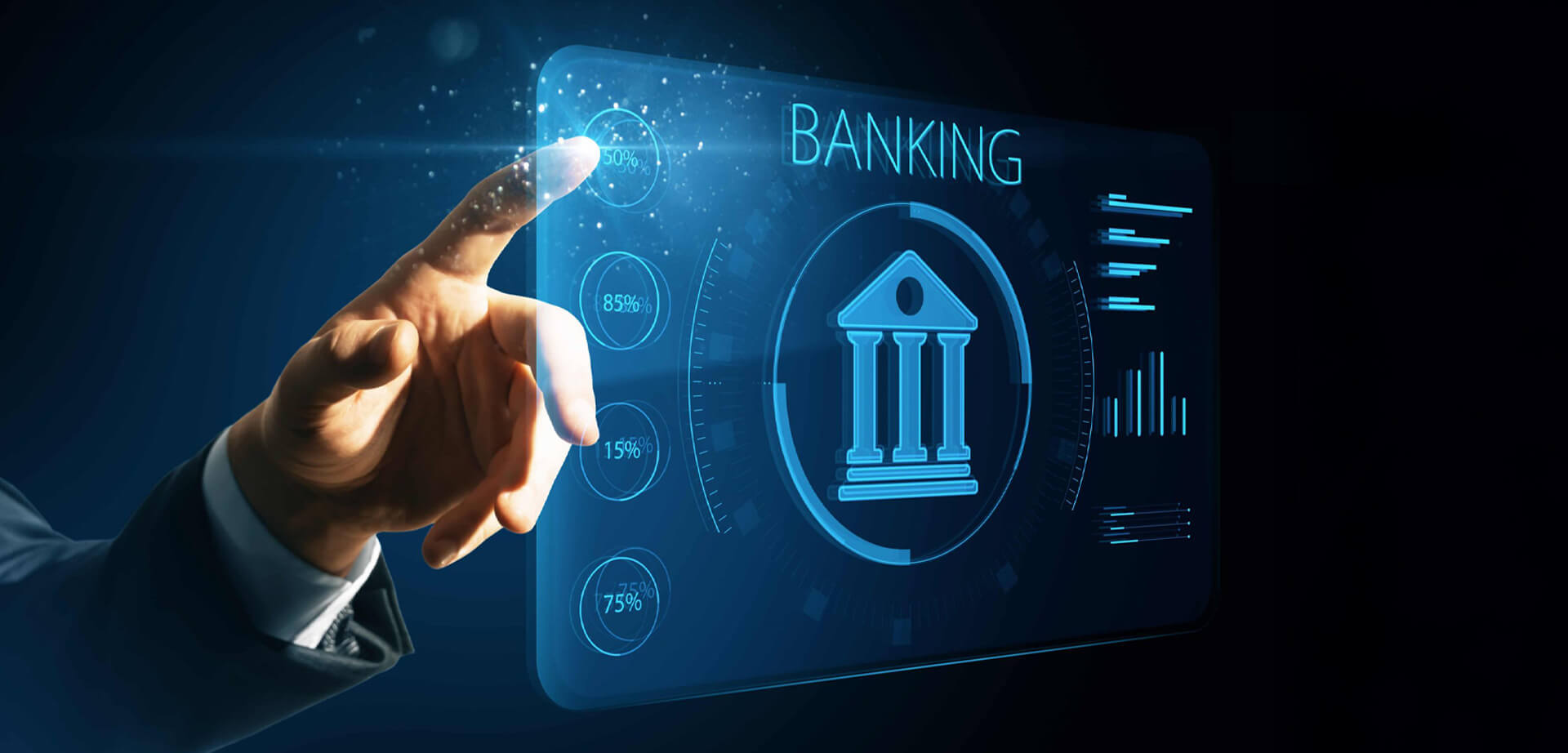 A futuristic interface for digital banking. The system allows users to interact with financial data through a digital touchscreen.