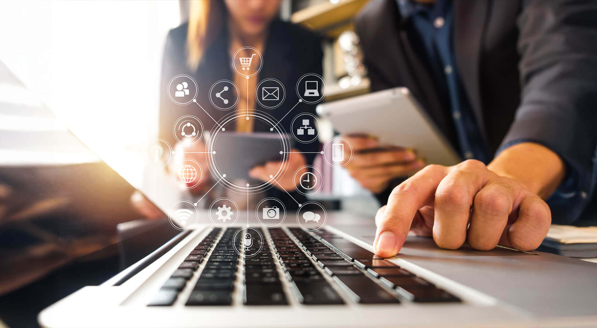 This image depicts a business scenario involving digital bank technology, representing fintech or digital transformation concepts.