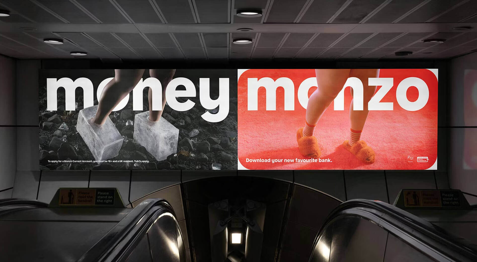 Advertising billboard for the digital bank Monzo, features a prominent campaign comparing traditional banking to the Monzo experience using dramatic visual metaphors.
