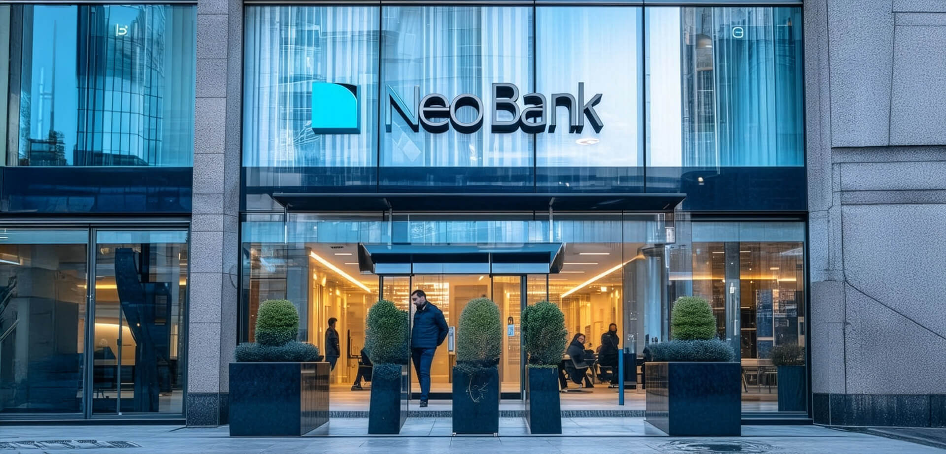 This image features the entrance to a financial institution named "Neo Bank". 