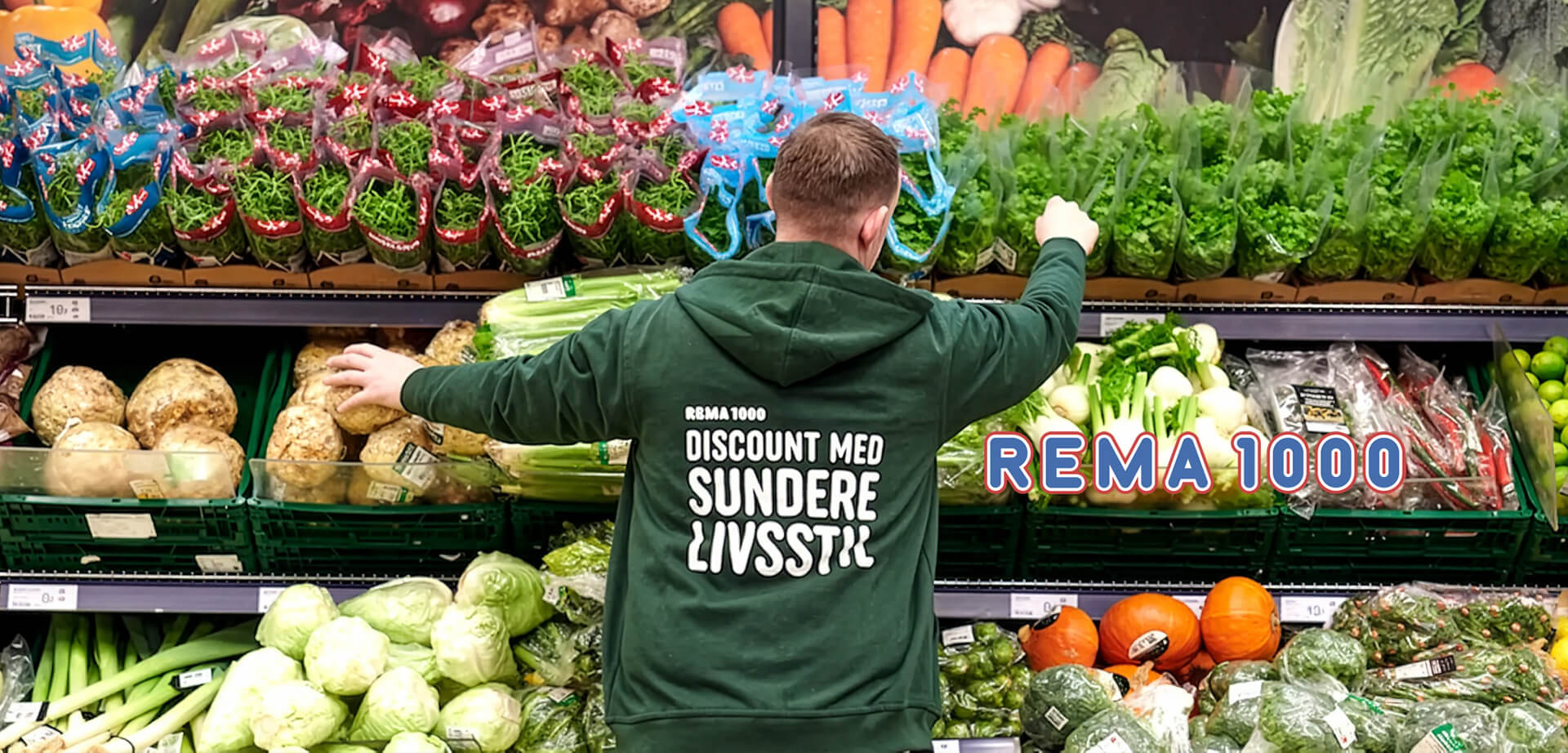 REMA 1000 discount grocery store, a major retail chain operating in Scandinavia.The store focuses on offering high-quality, responsibly produced groceries at low prices, particularly emphasizing a wide selection of fresh fruits and vegetables.