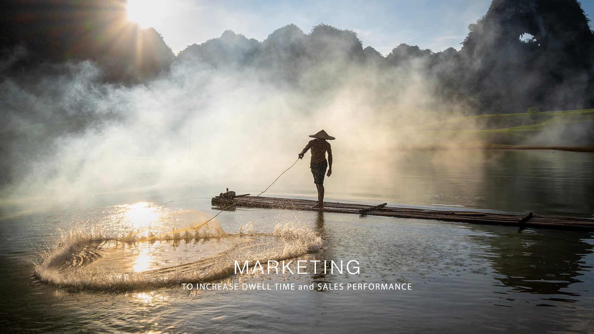 The image features a traditional fisherman casting a net from a raft in Vietnam. Increasing his share of the market. TELECOM MARKETING - TO EDUCATE, INSPIRE, and INCREASE SALES PERFORMANCE.
