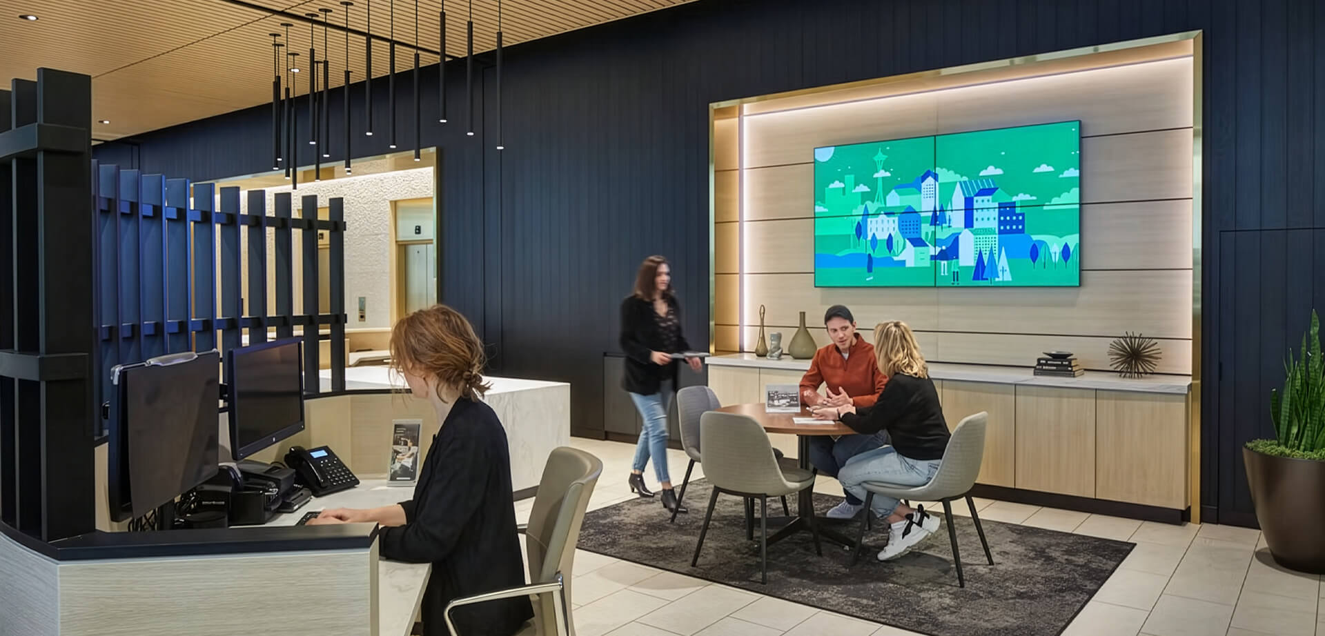 The pictured interior is the flagship branch and corporate headquarters of WaFd Bank (Washington Federal) in Seattle, Washington, which was redesigned by the architectural firm MG2.