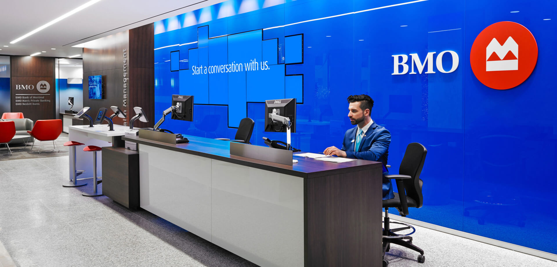 The selected region features the interior of a BMO Bank of Montreal (Bank of Montreal) branch, highlighting a modern open-concept design with the following details