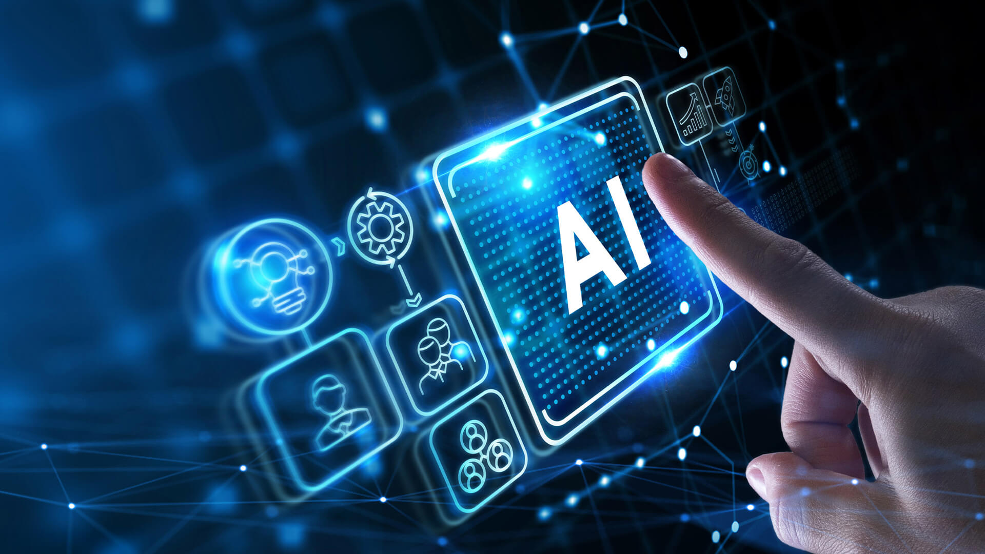 The image depicts a hand selecting a glowing "AI" (Artificial Intelligence) button on a digital touchscreen interface, symbolizing human-computer interaction in machine learning.
