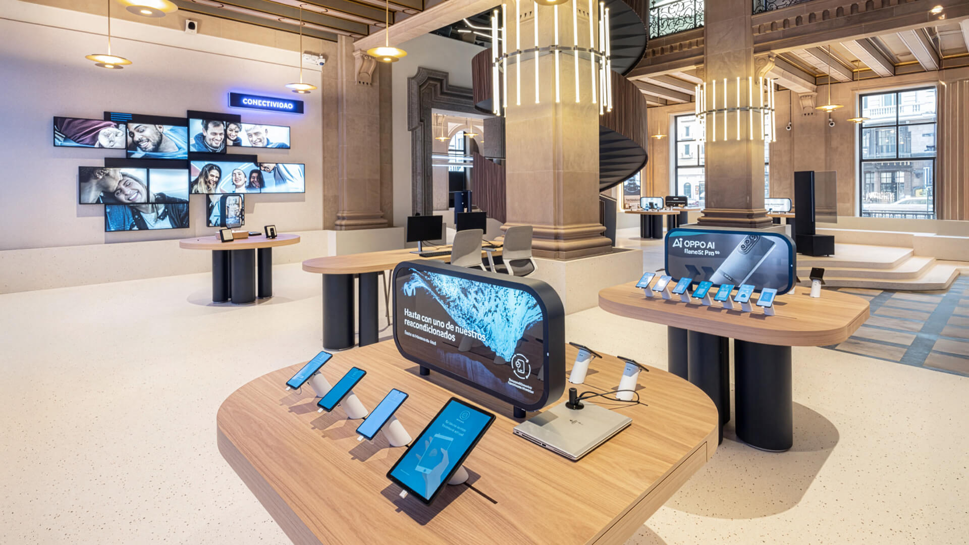 The image shows the Espacio Movistar flagship store, located at Gran Vía 28 in Madrid, Spain.