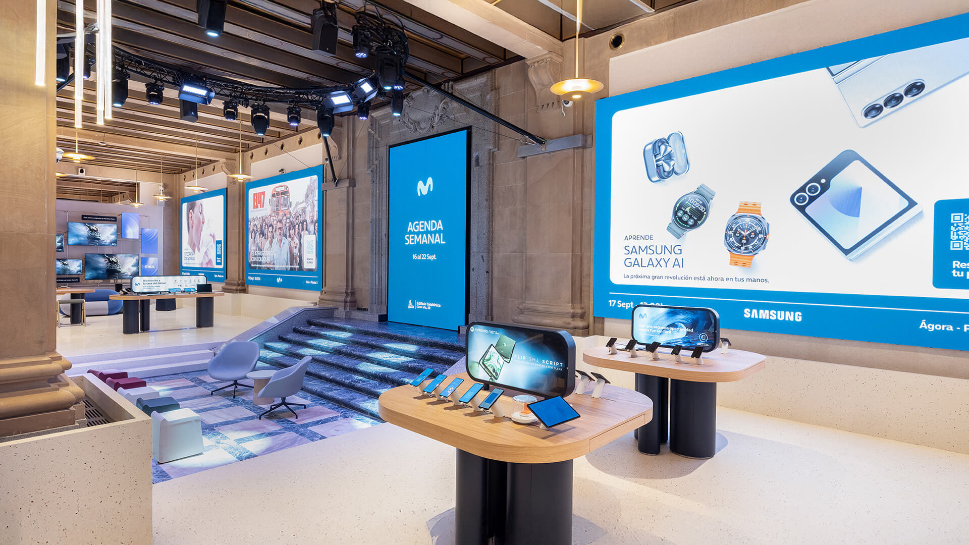 The interior of the Espacio Movistar flagship store, located on Gran Vía 28 in Madrid, Spain. The Architecture: Spanning 2,800 square meters.