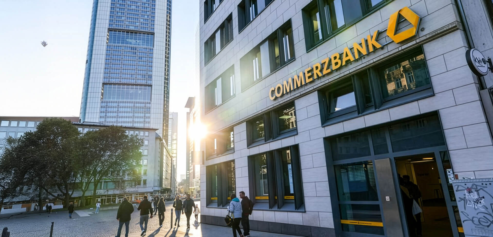A Commerzbank branch located in Frankfurt, Germany, with the iconic Commerzbank Tower visible in the background.