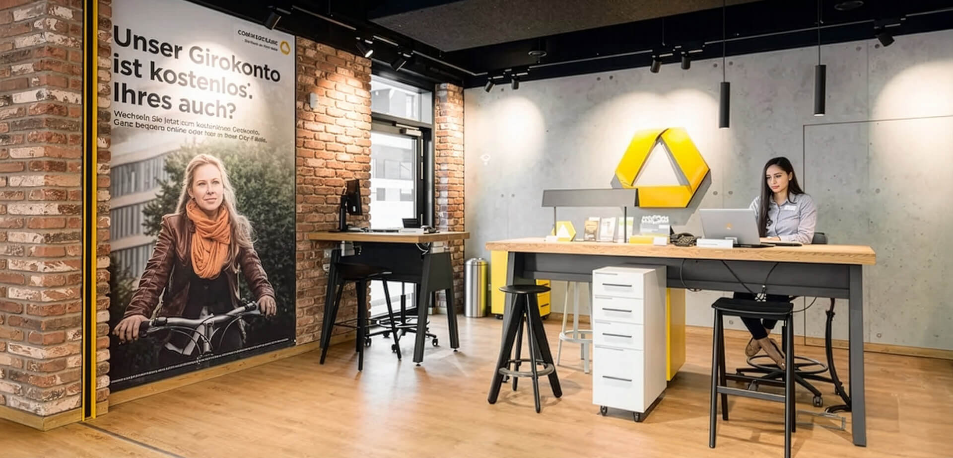 This modern interior is a Commerzbank branch, designed with an open and welcoming, shop-like layout. Design Concept: The branch features a relaxed urban design.