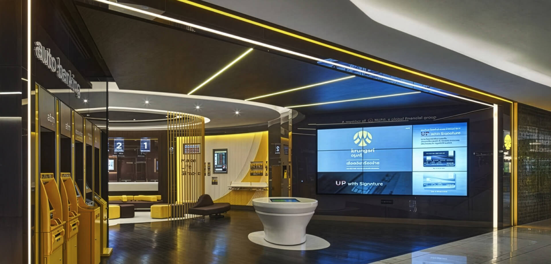 A modern interior of a Krungsri Bank branch in Thailand, noted for its signature yellow and dark color scheme. Krungsri (Bank of Ayudhya) is a major financial group in the country.