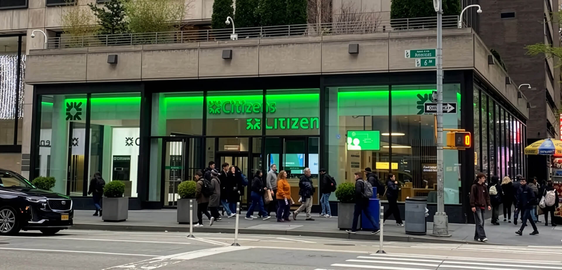Located in Midtown Manhattan, New York City. Citizens Bank branch, which is part of a series of contemporary "hub" the bank has rolled out to offer a more open, technology-focused, and personalised customer experience.