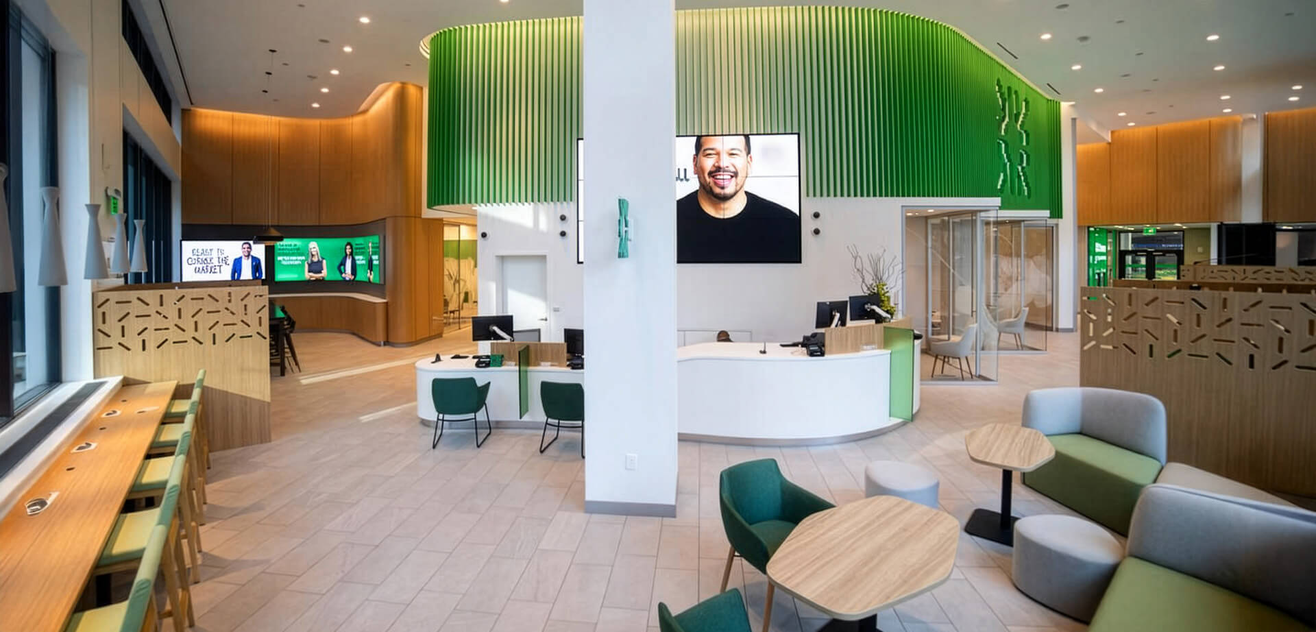 Citizens Bank flagship branch located in Philadelphia, Pennsylvania. The facility is designed to offer a welcoming, tech-forward environment for customers, complete with multiple private meeting spaces and digital displays.