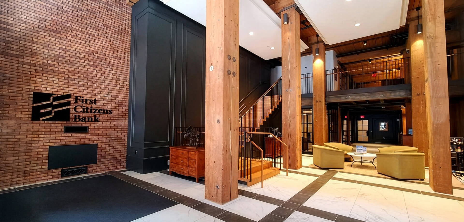 he lobby of the First Citizens Bank branch at the Brewery Blocks development in downtown Tacoma, Washington. Located in the historic 1907 Hunt-Mottet Warehouse.