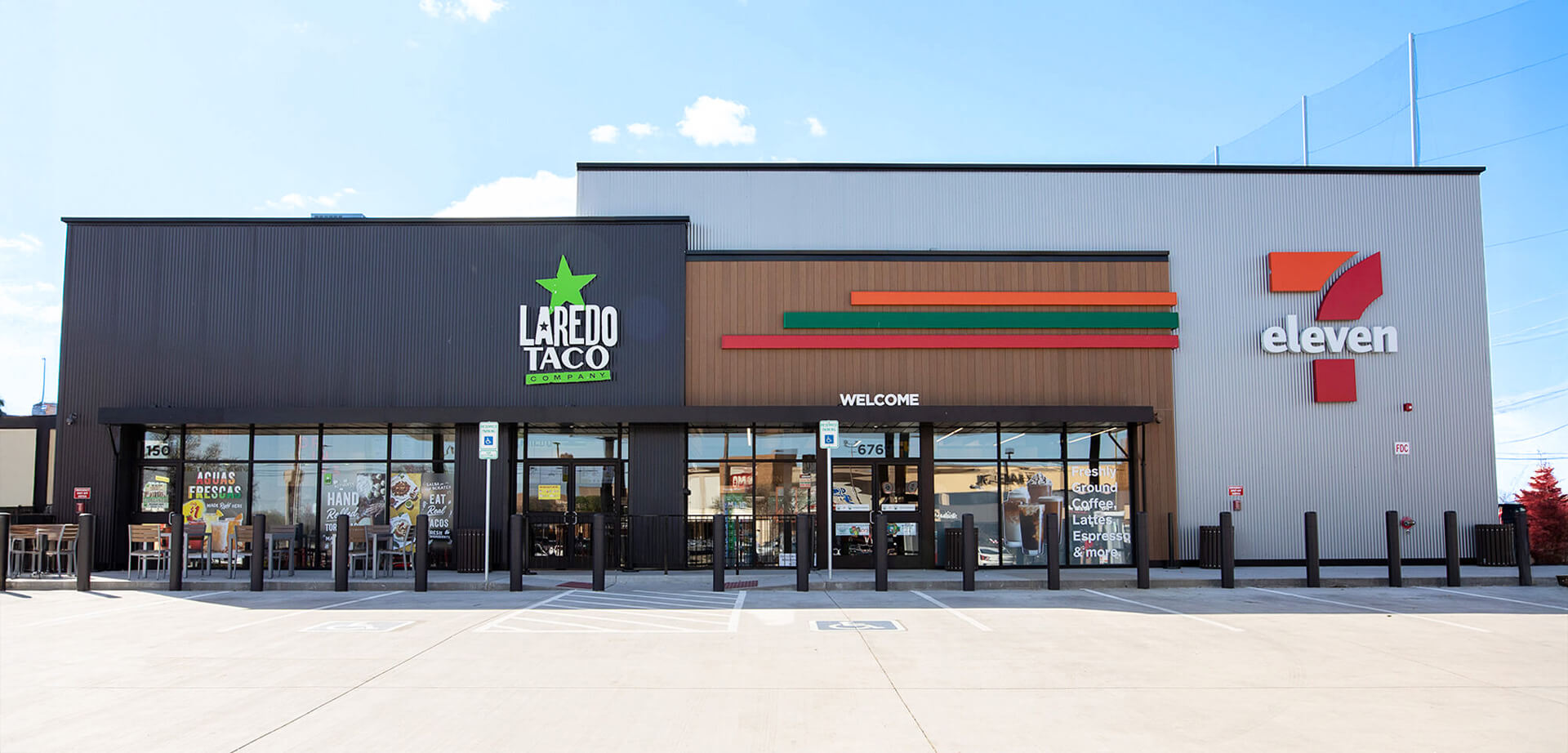 In Dallas, Texas a modern convenience store that pairs a traditional 7-Eleven with a Laredo Taco Company restaurant. This dual-branded concept includes a drive-thru and indoor/outdoor seating for a fresh, fast-casual dining experience.