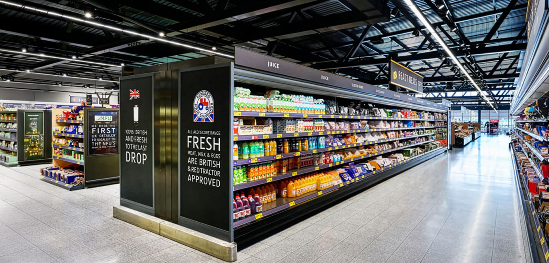 Aldi supermarket designed under their "Project Fresh" store transformation program, which focuses on upgrading the customer experience. This award-winning layout, created by CADA Design