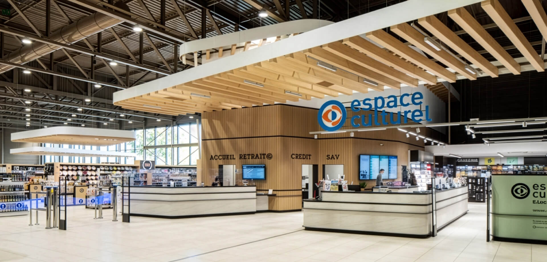 This is the cultural and media section (Espace Culturel) inside the award-winning E.Leclerc hypermarket located in La Roche-sur-Yon, France