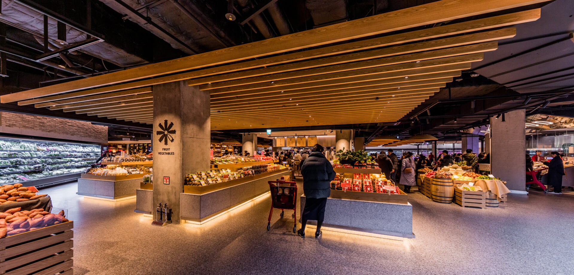This image shows the grocery and produce section inside SSG Food Market in Seoul, South Korea.