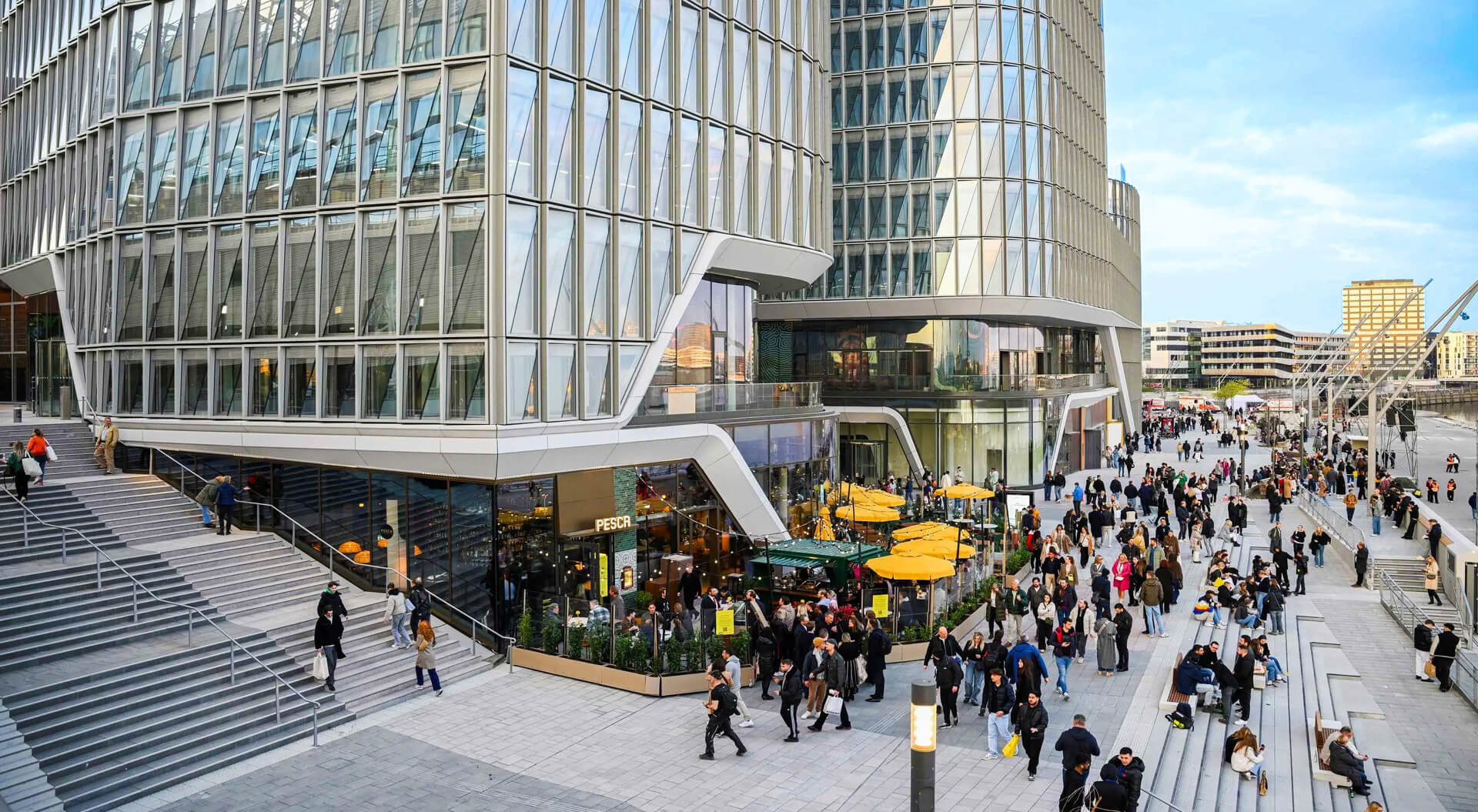 Westfield Hamburg mixed-use mall development set along the waterfront in Hamburg's modern HafenCity.