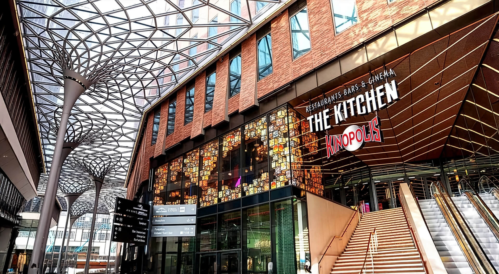 The Kitchen food hall and Kinopolis cinema entrance at the Westfield Hamburg-Überseequartier development in HafenCity, Germany.