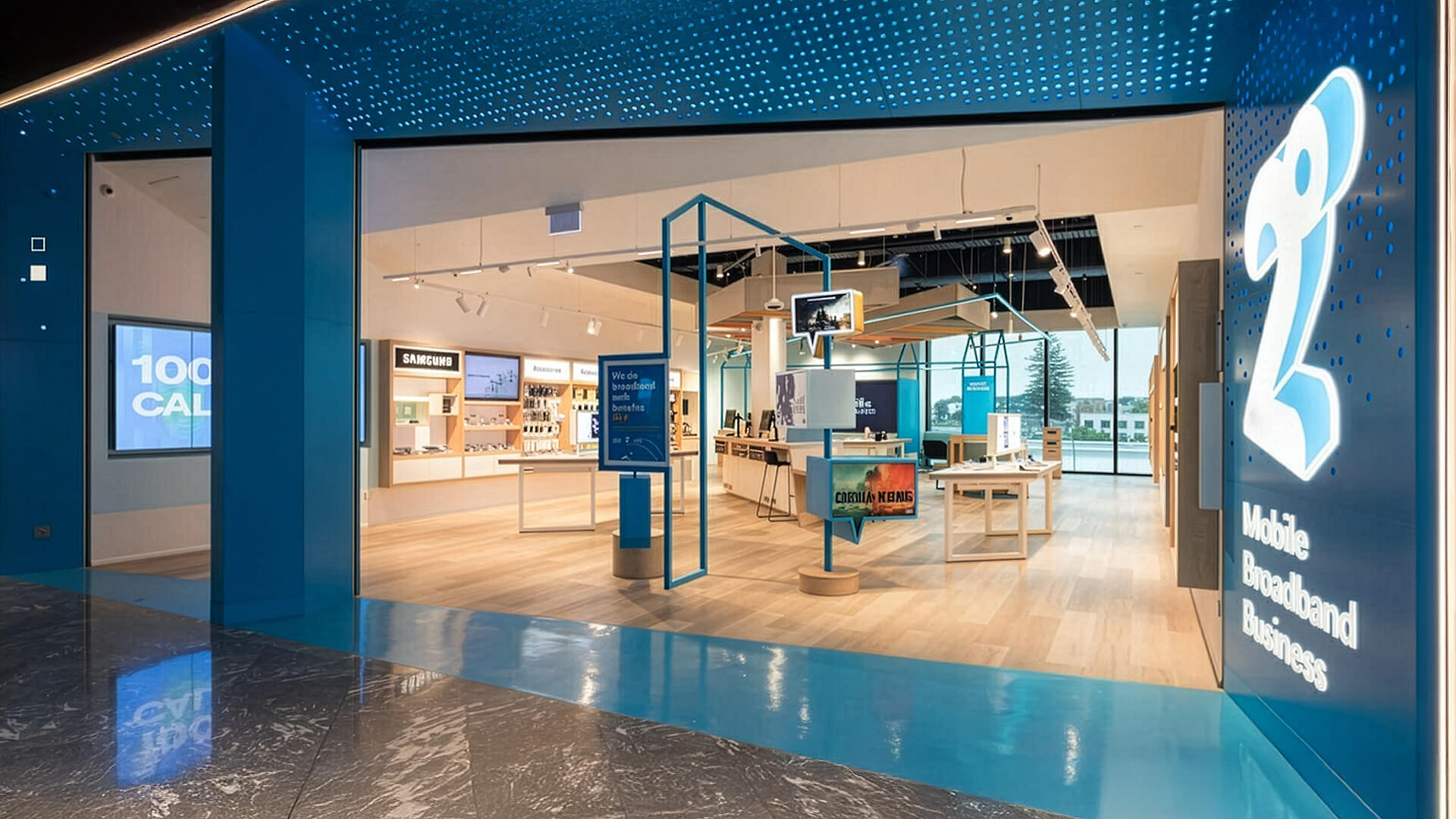 The image shows the modern interior and storefront of a 2degrees telecom retail store New Zealand.