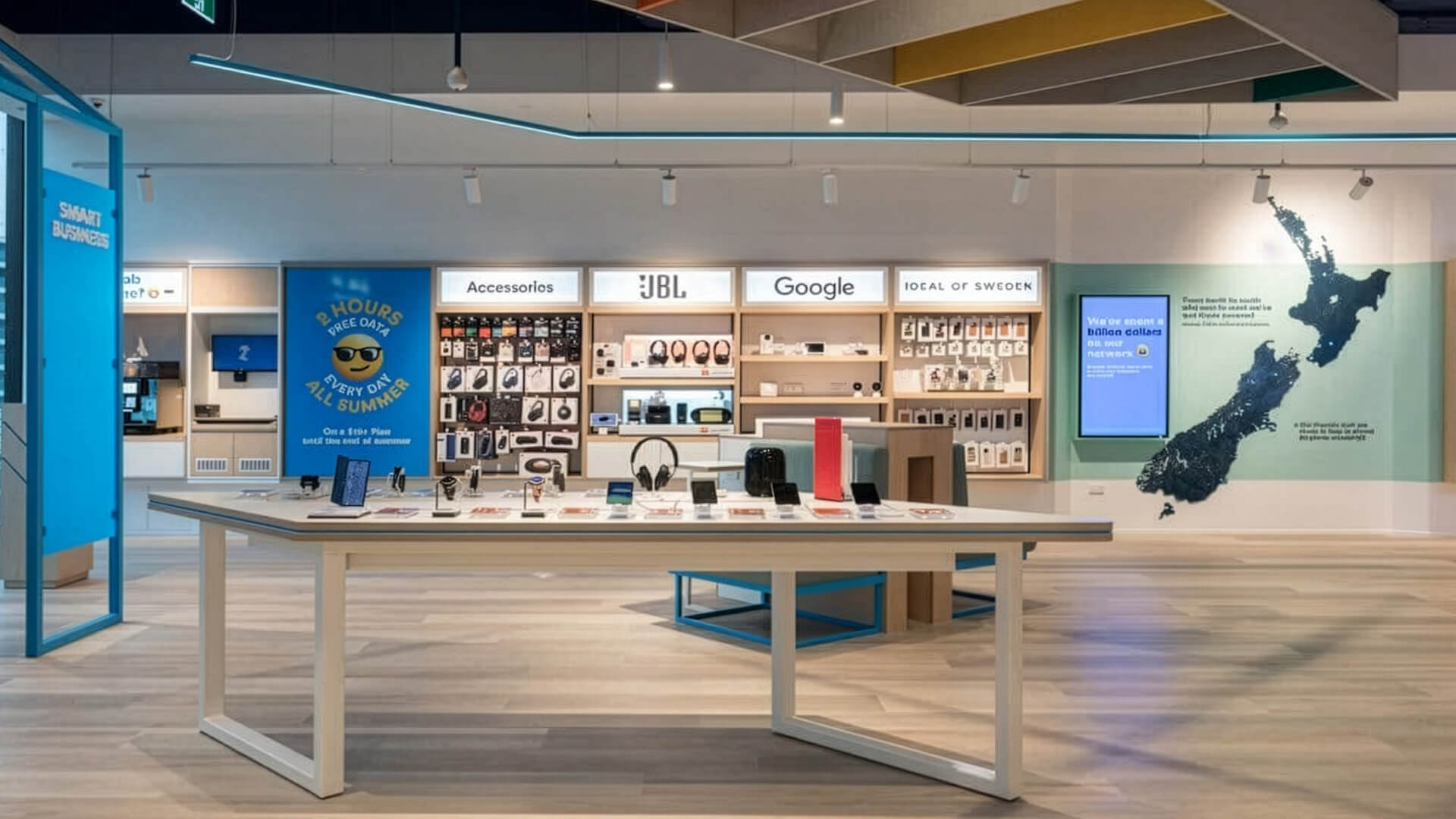The interior of the 2degrees flagship retail store in Newmarket, Auckland.