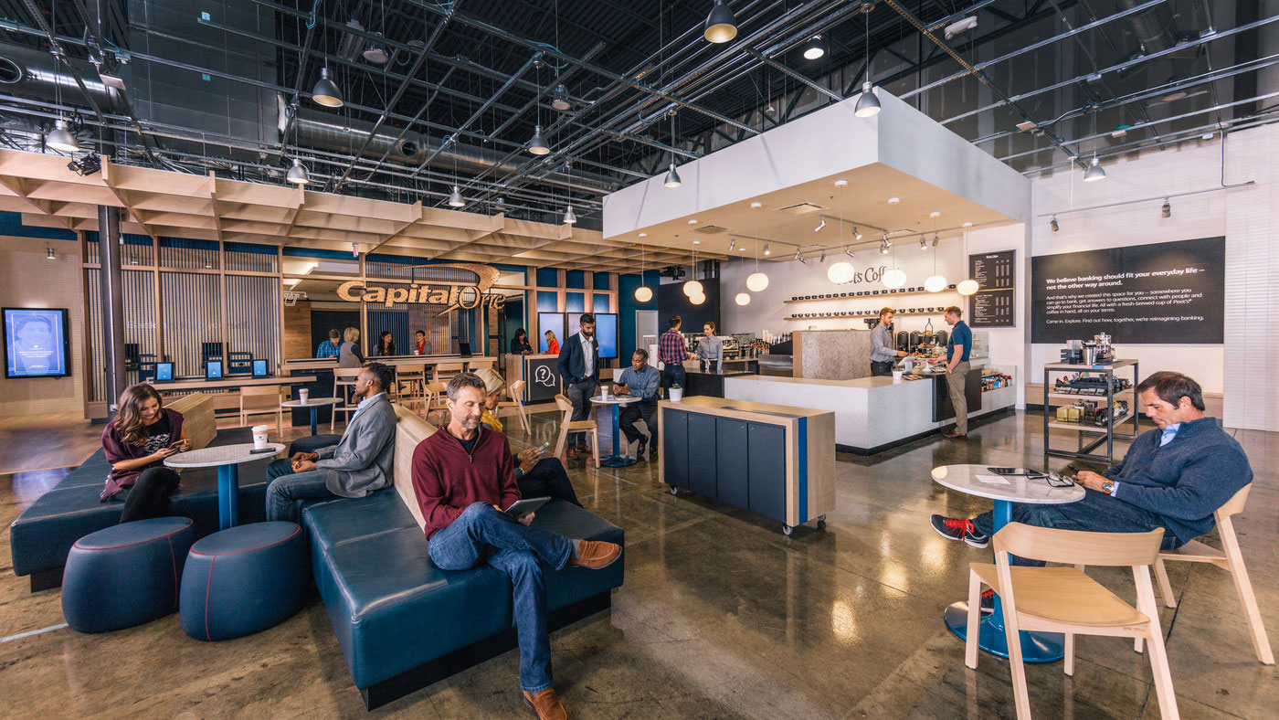 Capital One experiential bank branch rebrand interior design and innovation lifestyle concepts
