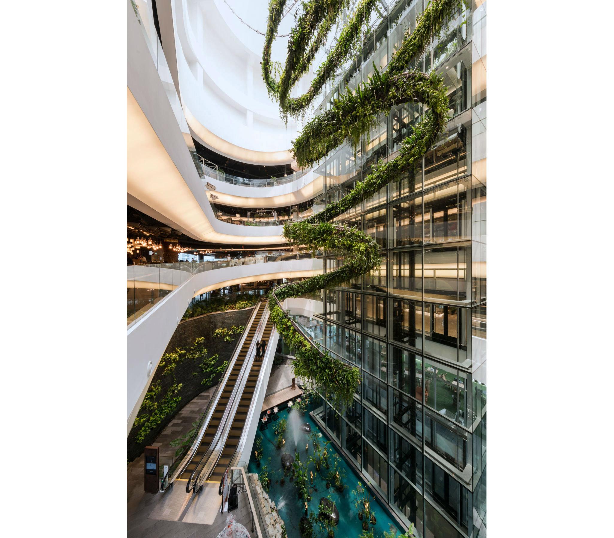 Green vertical interior design of Emquartier shopping mall dining floors  Bangkok Thailand Metal Print