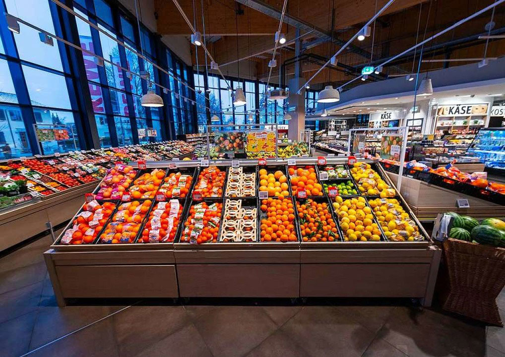 Convenience and flexibility in supermarket design at REWE, Germany fruit and vegetables department