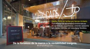 Diseño de sucursal insignia tipo café coworking de banco Santander – Vista exterior - Transforma tus