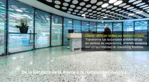 Diseño de sucursal bancaria insignia tipo coworking BNP Paribas Fortis – Vista interior - Transforma