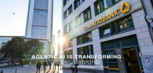 A Commerzbank branch in Germany, highlighting how the integration of agentic AI is transforming the physical design and operational strategies of modern bank branches.
