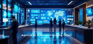The image illustrates a futuristic bank branch designed with integrated artificial intelligence and data visualization screens. It highlights how agentic AI is transforming the banking industry by automating operations and enhancing customer experiences.