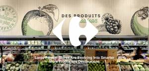 Carrefour, a prominent French multinational retail and wholesale corporation. The backdrop shows a fresh produce section designed to look like a vibrant, open market with chalk-style illustrations of apples and berries.