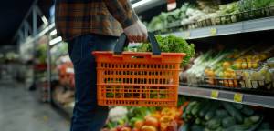 Man shopping with orange basket in supermarket