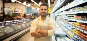 Supermarket attendant standing in aisle