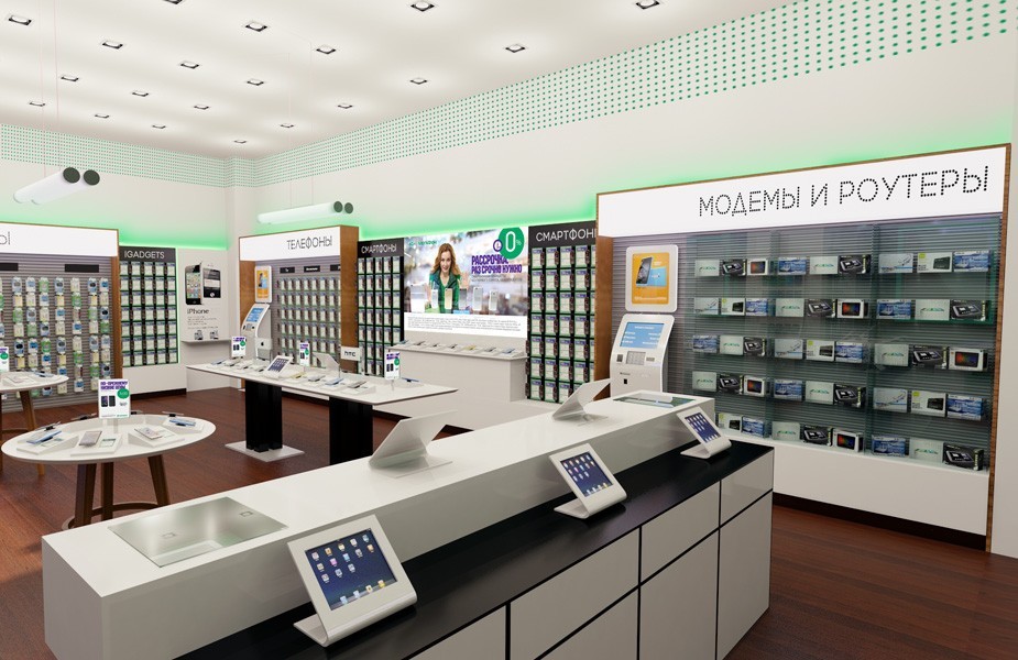 MegaFon telecoms and technology new store cash and accessories desk design Russia