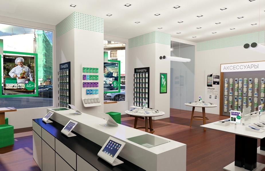 MegaFon telecoms and technology new store cash and accessories desk design Russia