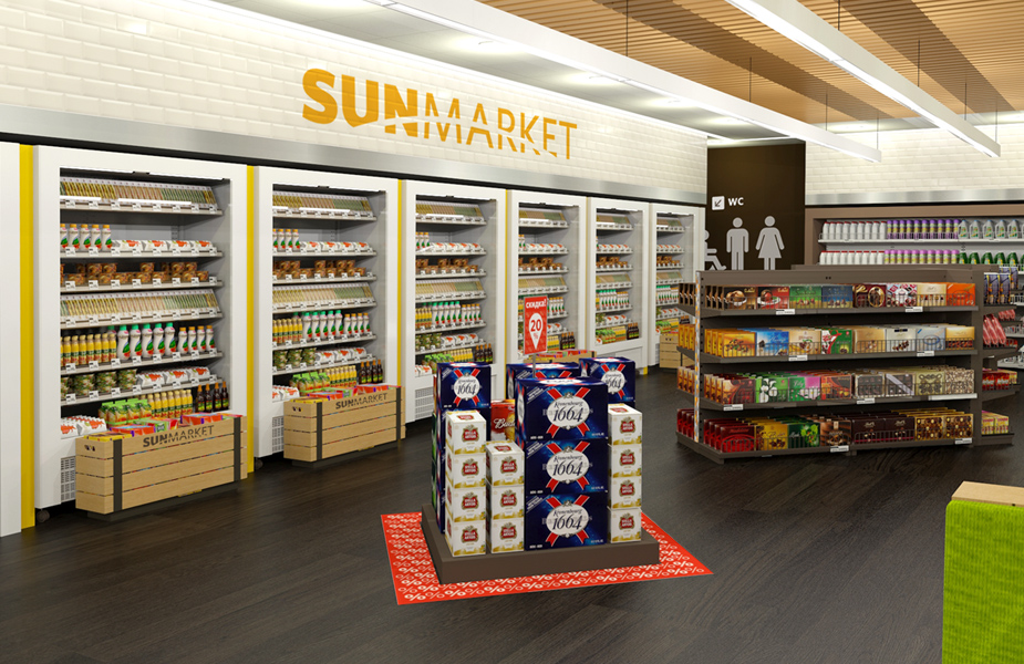 Fresh food convenience store design WOG Sunmarket Ukraine petrol forecourt