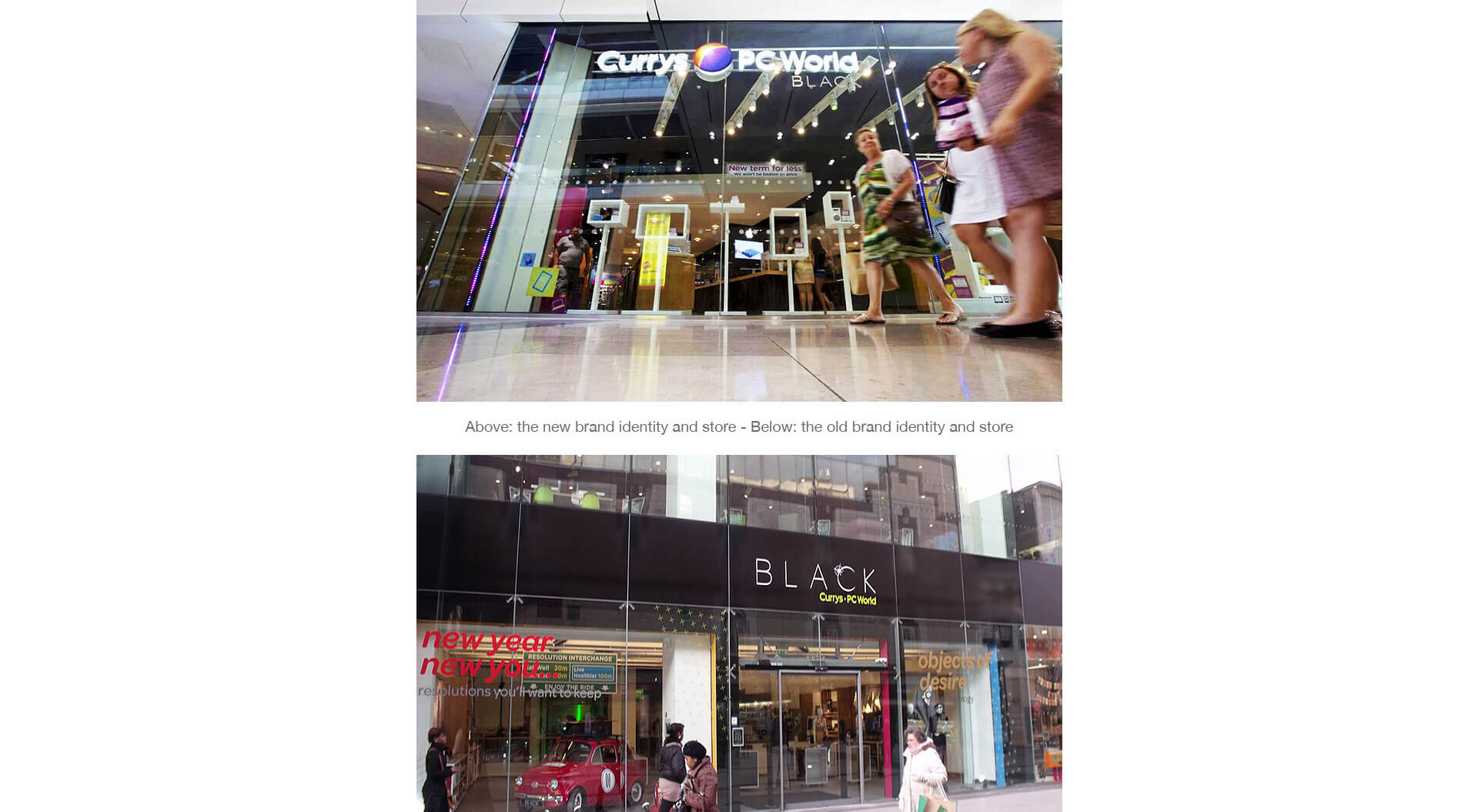 Black Currys PC World innovative corporate brand identity store front and window before and after rebrand