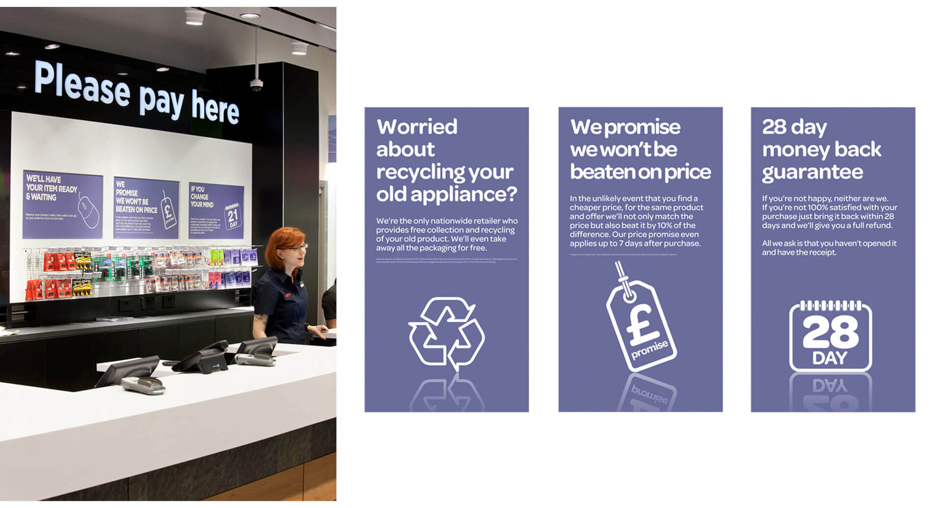 Currys PC World  cash desk in-store customer promise, recycling and 28 day money back guarantee communications
