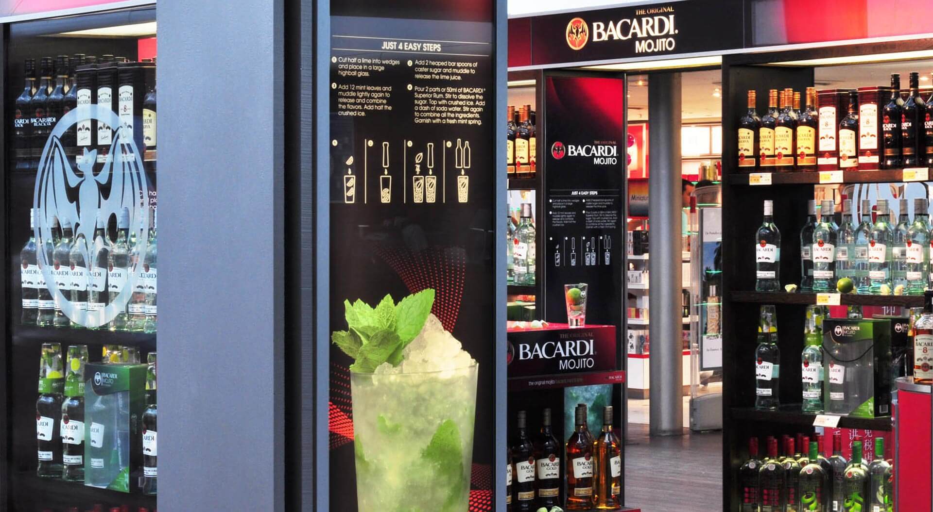 Bacardi Mojito Global Travel Retail, brand activation store design at Charles de Gualle Airport