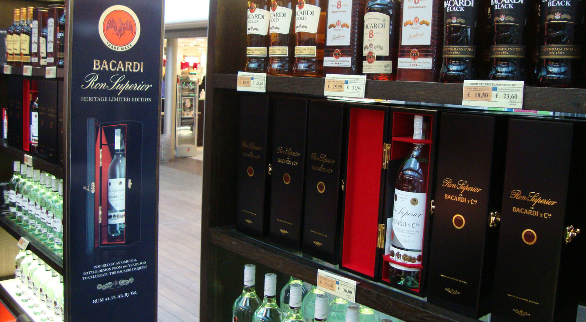 Bacardi Heritage Ron Superior Limited Edition entrance graphics store design at Charles de Gualle Airport