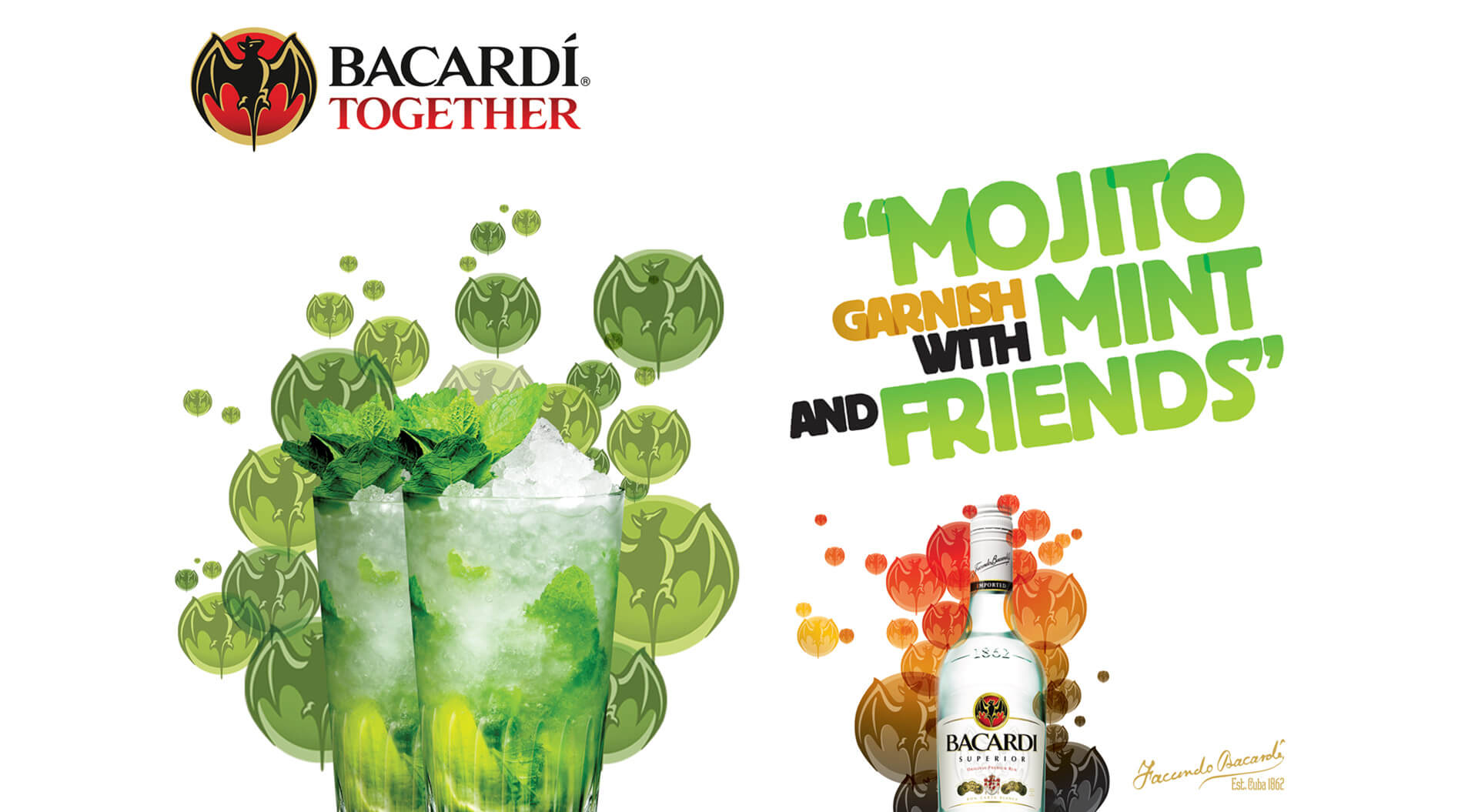 Bacardi Together brand identity Mojito garnish with mint and friends promotion campaigns for travel retail airport design