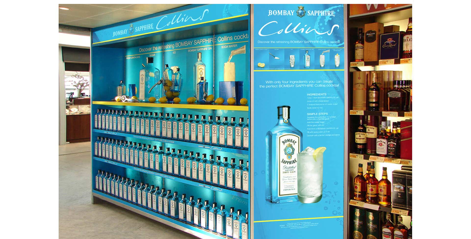 Bombay Sapphire Collins Spirits industry promotion campaigns travel retail design and branding, airport Heathrow Terminal 4, London