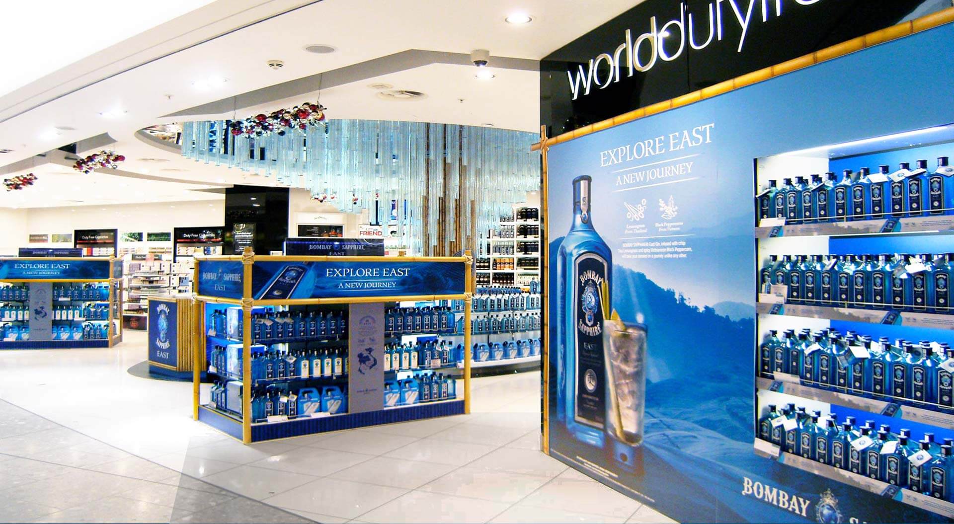 Bombay Sapphire East Spirits industry promotion campaigns store design World Duty Free Heathrow Terminal 5 and branding 